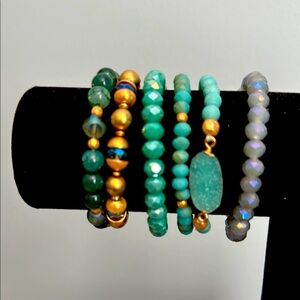 Natural Stone Green and Gold Beaded Bracelet Set